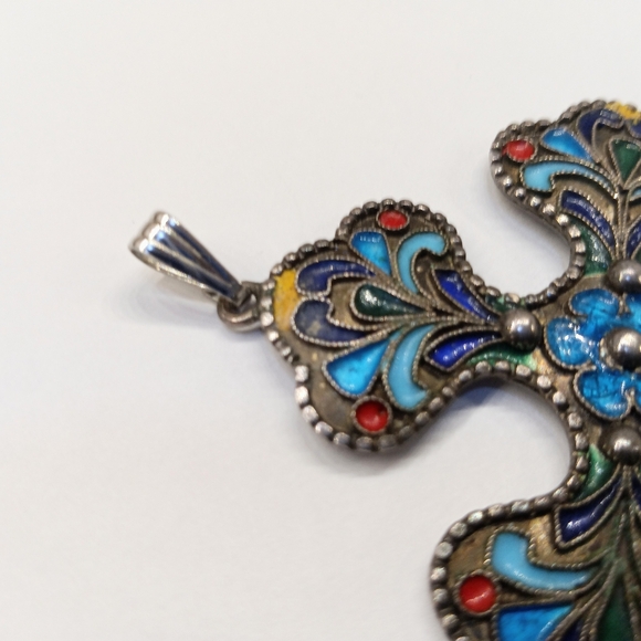 Art Deco 100% Pure Silver Enameled Cross Pendant Marked 1000 - Picture 7 of 7
